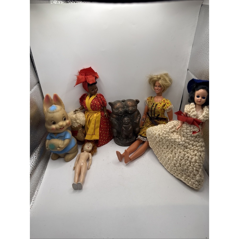 Vintage Random Lot Of 6 Dolls Bunny Pig Bank